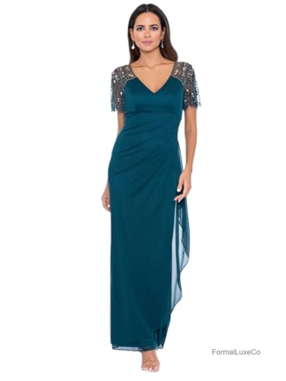 Formal Evening Gown Floor Length Jersey Knit V-Neck Beaded Flutter Sleeves